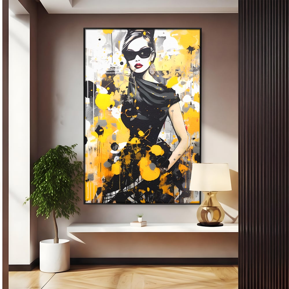 Tablou canvas cu tablou canvas portret femeie eleganta ochelari, in rama de aluminiu negru